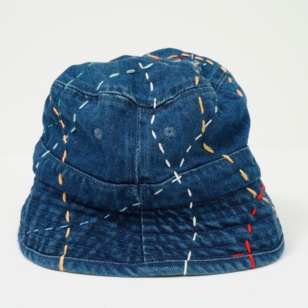 Hand-Stitched Sashiko Colorful Denim Bucket Hat Size S – Unique Artisan Hat - Picture 4 of 7